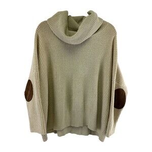Autumn Cashmere Cowl Neck Sweater Knit Beige Faux Suede Elbow Patch Womens XL